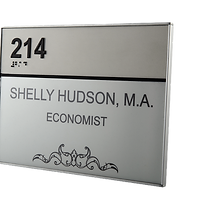 Brushed aluminium ADA compliant office sign with raised acrylic lettering by Skyline Graphic Management