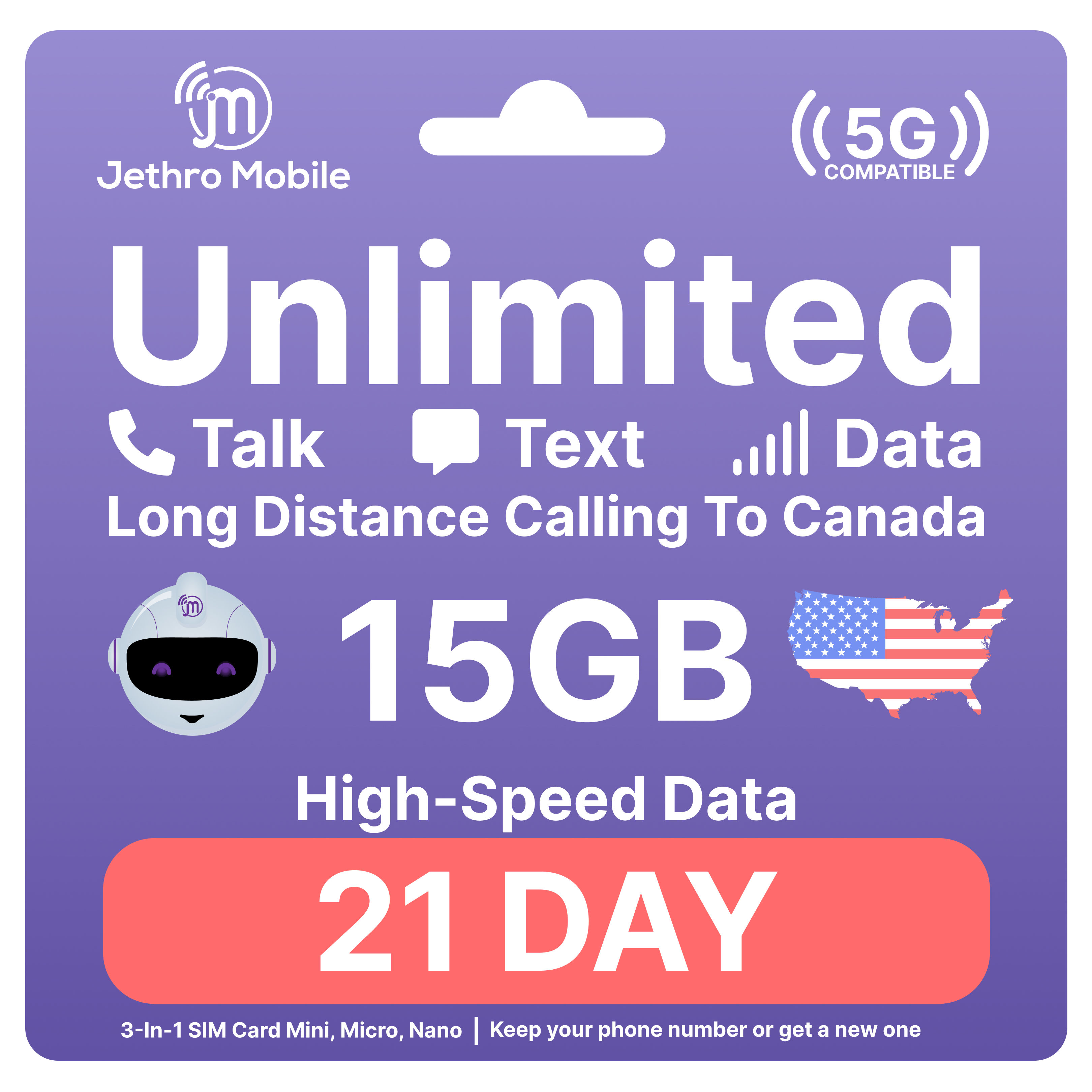 Jethro Mobile SIM Card with Prepaid 21 Days US Travel Plan