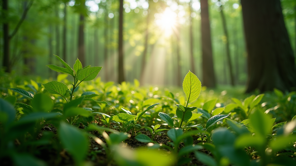 Eye-level view of a lush green forest with sunlight filtering through the leaves