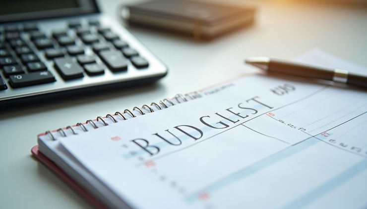 Eye-level view of a neatly organized desk with a budget planner and calculator