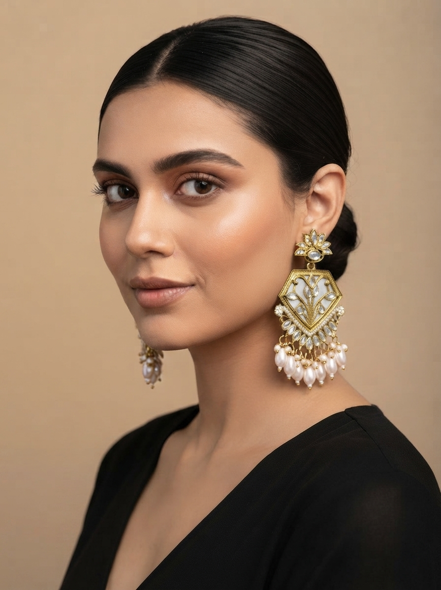 Royal Gold-Plated Kundan Statement Earrings with White Enamel and Pearl Drops