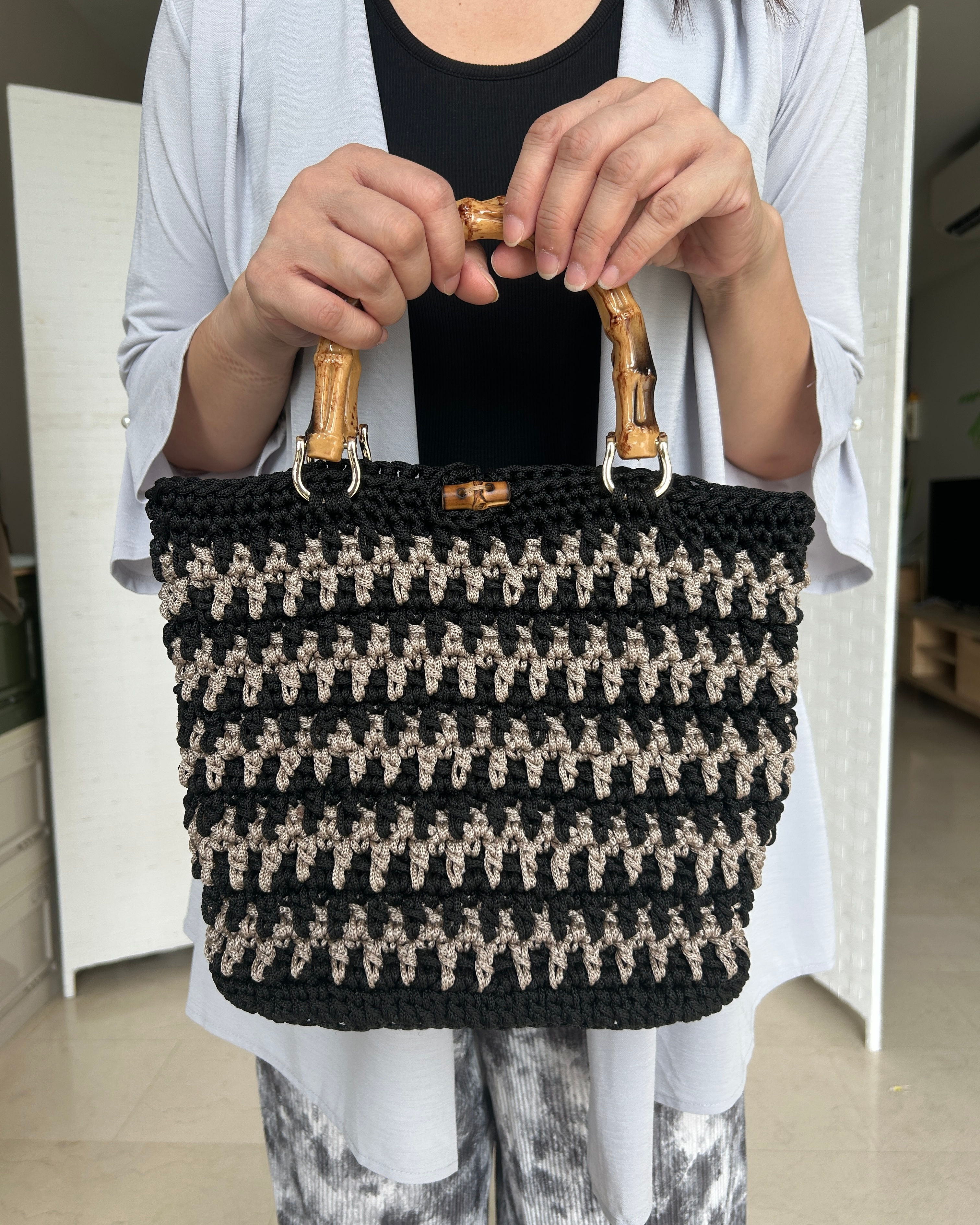 Bamboo Crochet Bag - Zig Zag Taupe