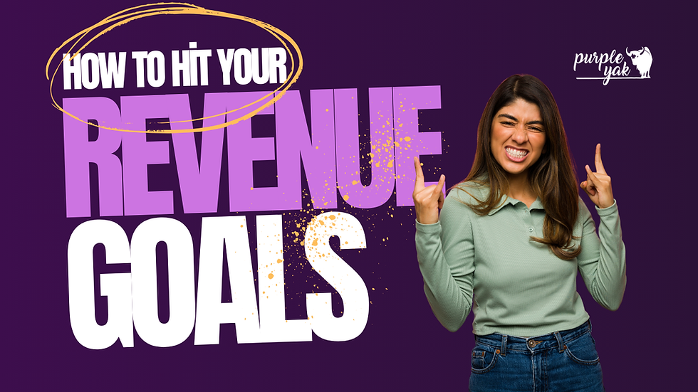 Woman smiling confidently with raised hands on a purple background. Text: "How to Hit Your Revenue Goals" in large, bold letters.