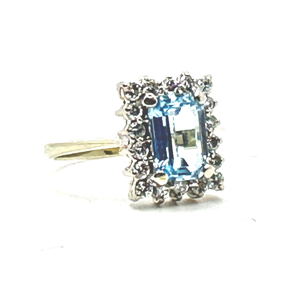 Thumbnail: 14 Carat Gold Emerald-Cut Aquamarine & Diamond Picture Frame Cluster Ring