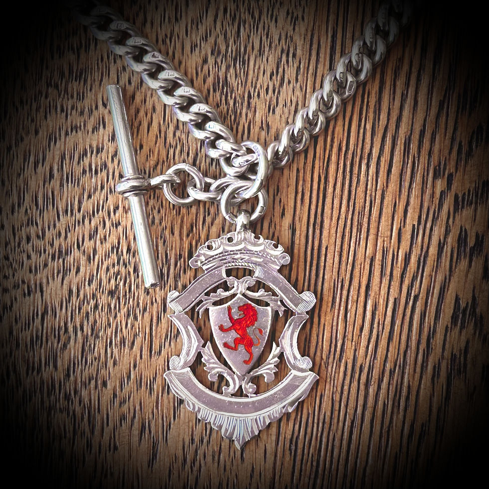Thumbnail: Antique Sterling Silver Curb Link Fob Chain with T-Bar & Enamelled Fob
