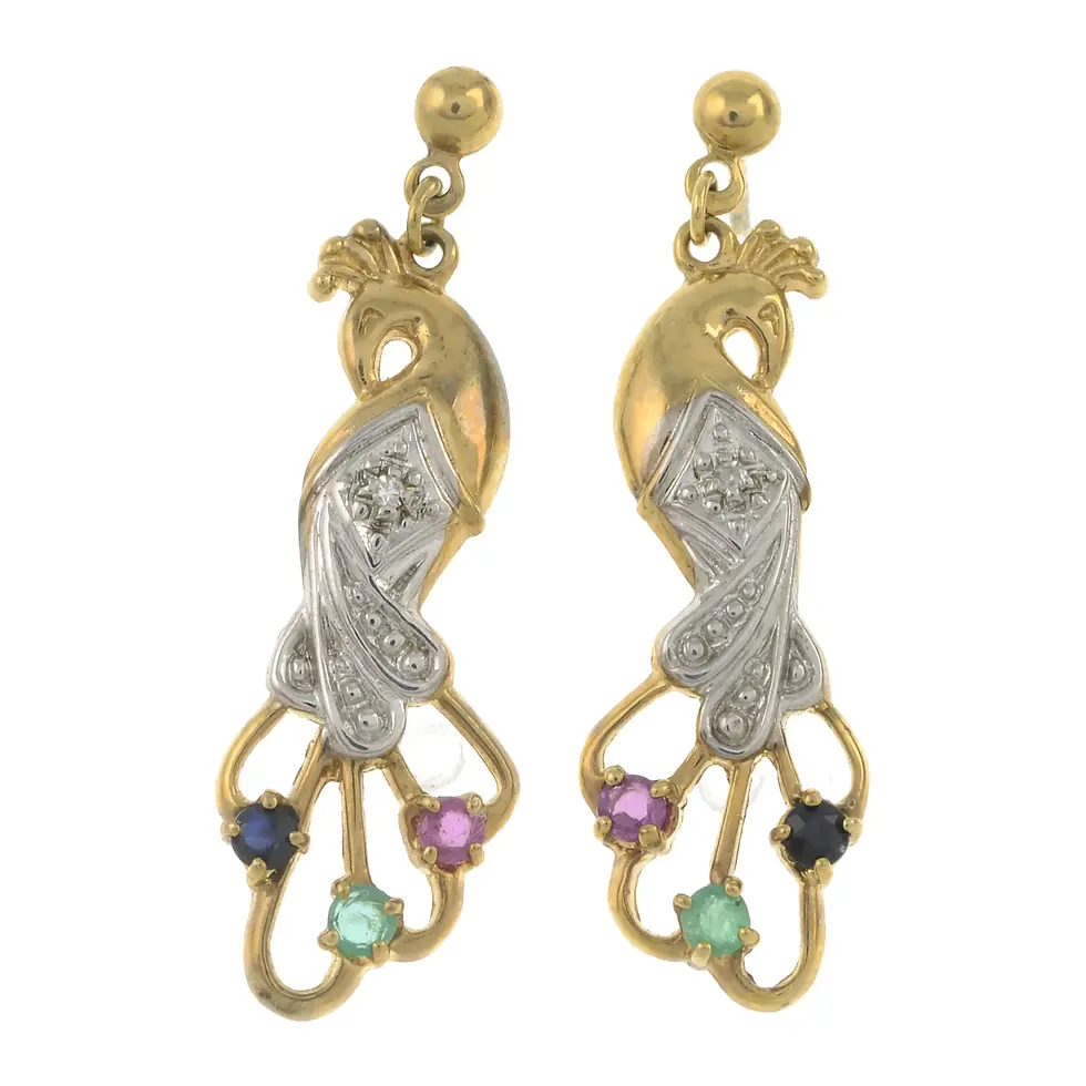 9 Carat Gold Peacock Drop Earrings with Diamond, Sapphire, Emerald & Ruby Gems