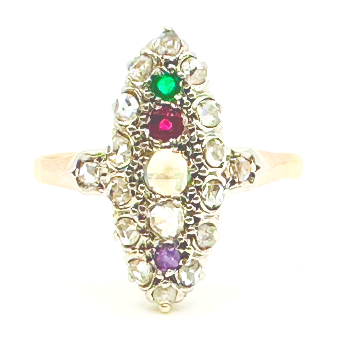 18 Carat Gold & Platinum Acrostic Navette Ring - Set with Precious Gems