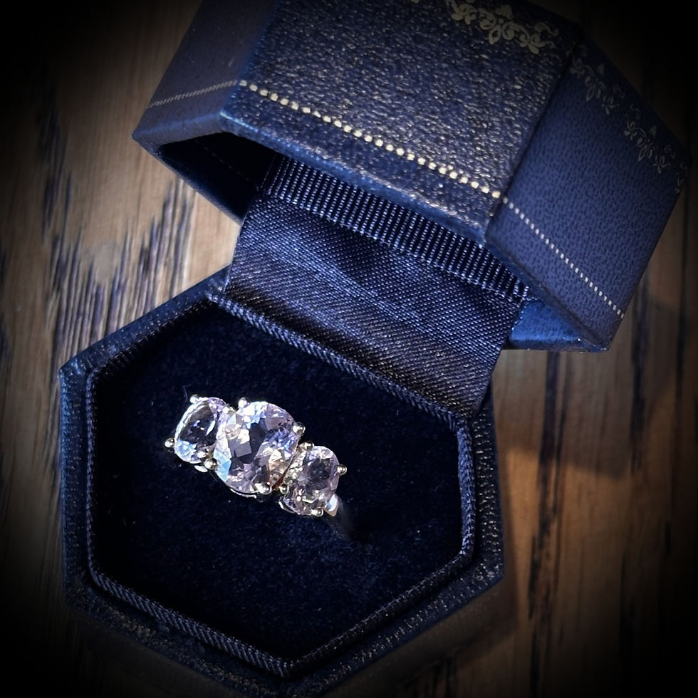Thumbnail: 9 Carat Yellow Gold Morganite Trilogy Ring ~ Full British Hallmarks