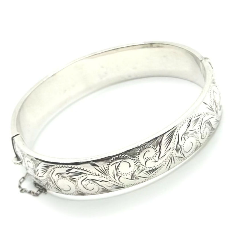 Sterling Silver Oval Snap Bangle with Engraved Front and Security Chain