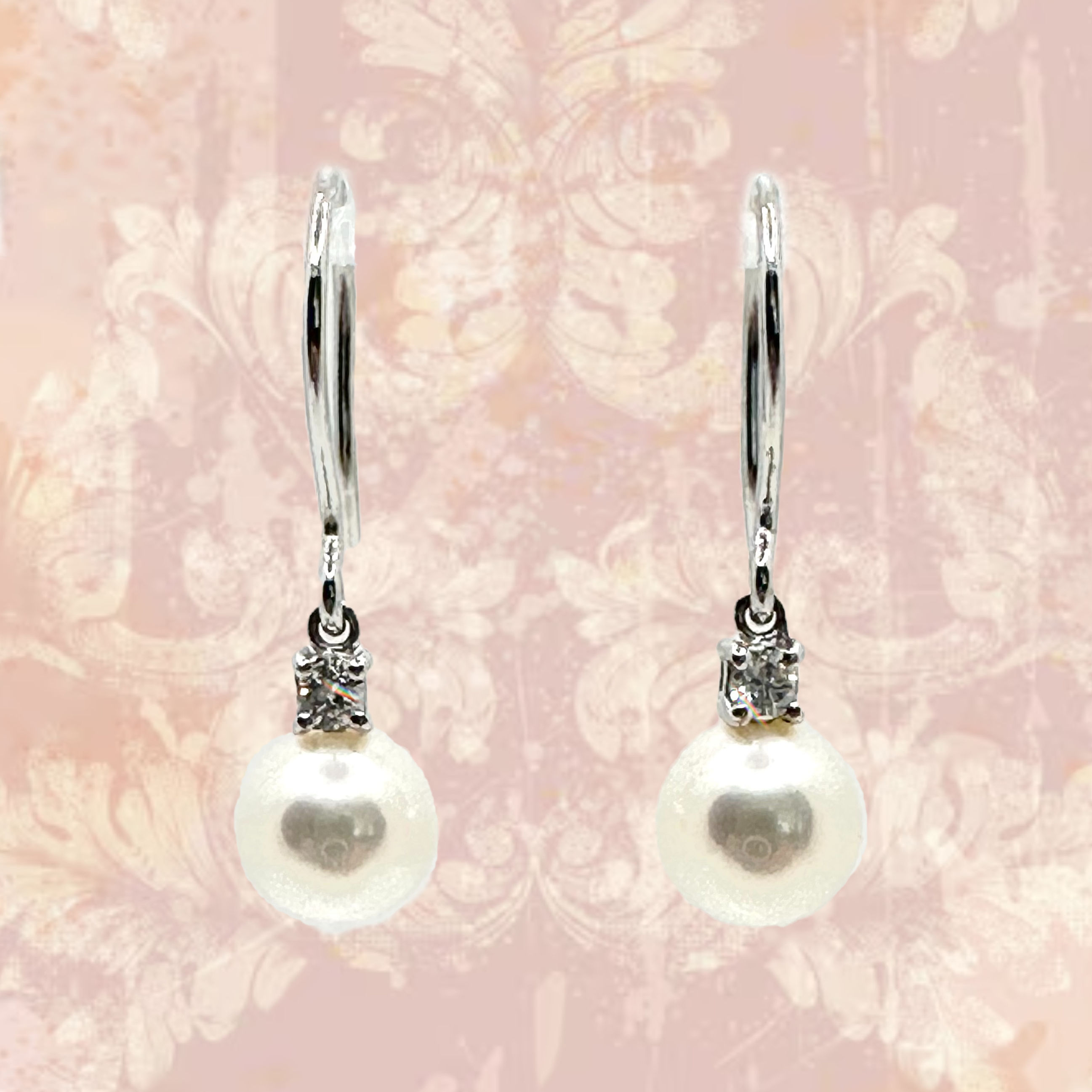 9 Carat White Gold Drop Earrings with Diamonds and Cultured Pearls