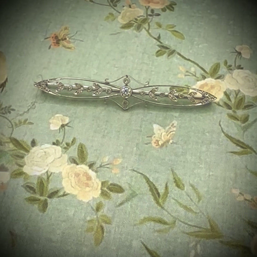 Thumbnail: Edwardian Platinum Diamond Bar Brooch Stock Pin from the Belle Époque