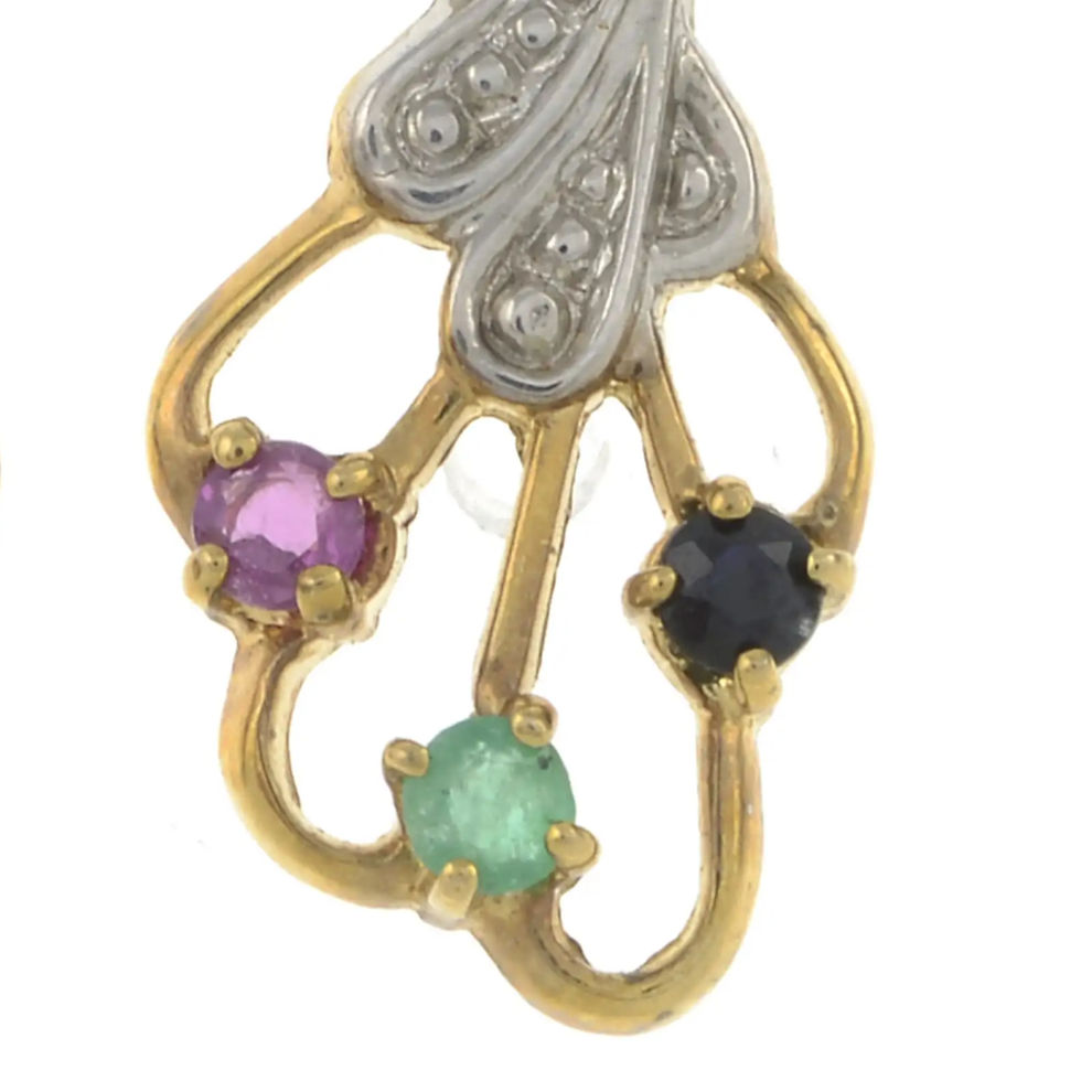 Thumbnail: 9 Carat Gold Peacock Drop Earrings with Diamond, Sapphire, Emerald & Ruby Gems