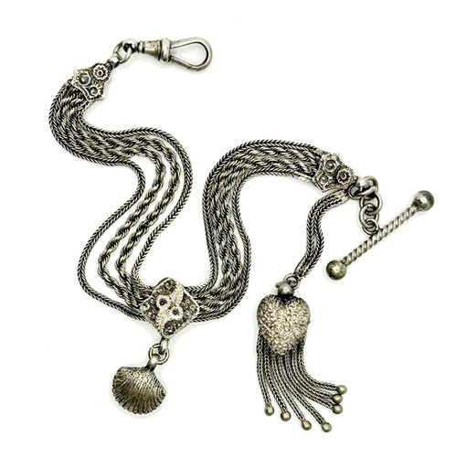 Antique Victorian Albertina Bracelet with Heart Tassel, Dog Clip Shell  Pendant