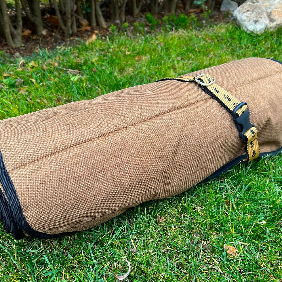 Küçük resim: koyu bej araba koltuk örtüsü ve taşınabilir köpek seyahat matı rulo halinde