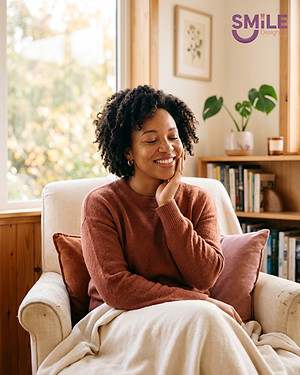Relieved woman relaxing at home after emergency dental care, Smile Designers Dentistry