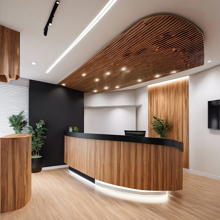Modern dental office reception area with black white and wood theme.jpg