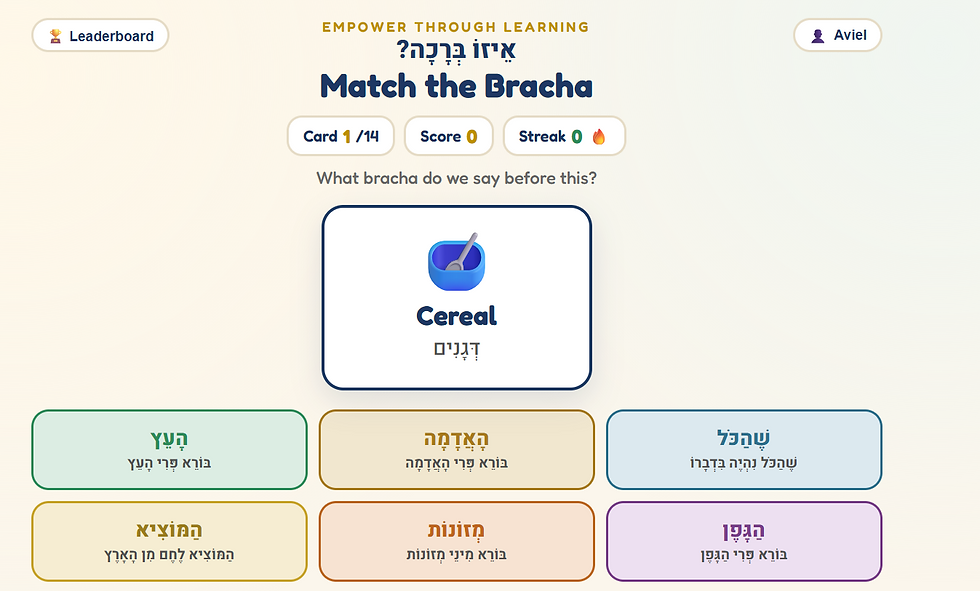 Match the Bracha game by EmPower Through Learning, showing a cereal card and the six Hebrew blessing options: Ha'etz, Ha'adamah, Shehakol, Hamotzi, Mezonot, and Hagafen