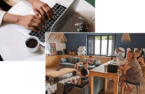 Une personne travaillant sur son ordinateur, un groupe de personne suivant une formation dans une entreprise en journée