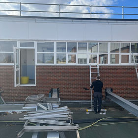 Commercial building exterior with white windows