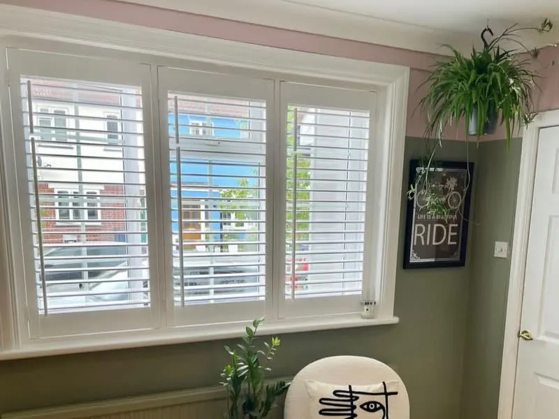 House interior with white window shutters and green wall