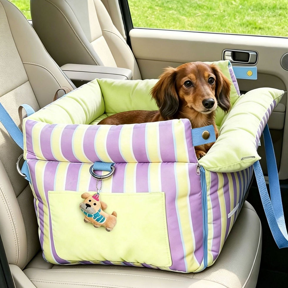 Thumbnail: Small dachshund resting inside striped portable dog travel bed placed on car passenger seat