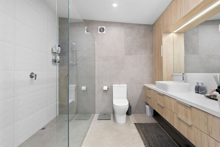a bathroom with a toilet a sink and a walk in shower