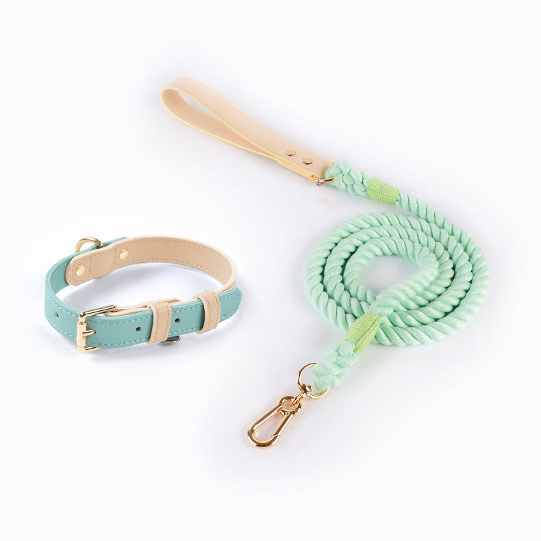Thumbnail: Color Block Leather Pet Collar and Knitted Leash Set