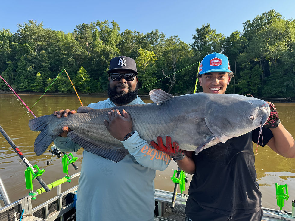 Angler holding a trophy blue catfish caught on the James River