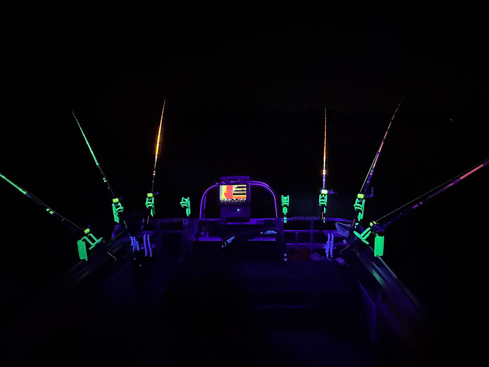 Catfishing rods in a roof rack glowing under a black light