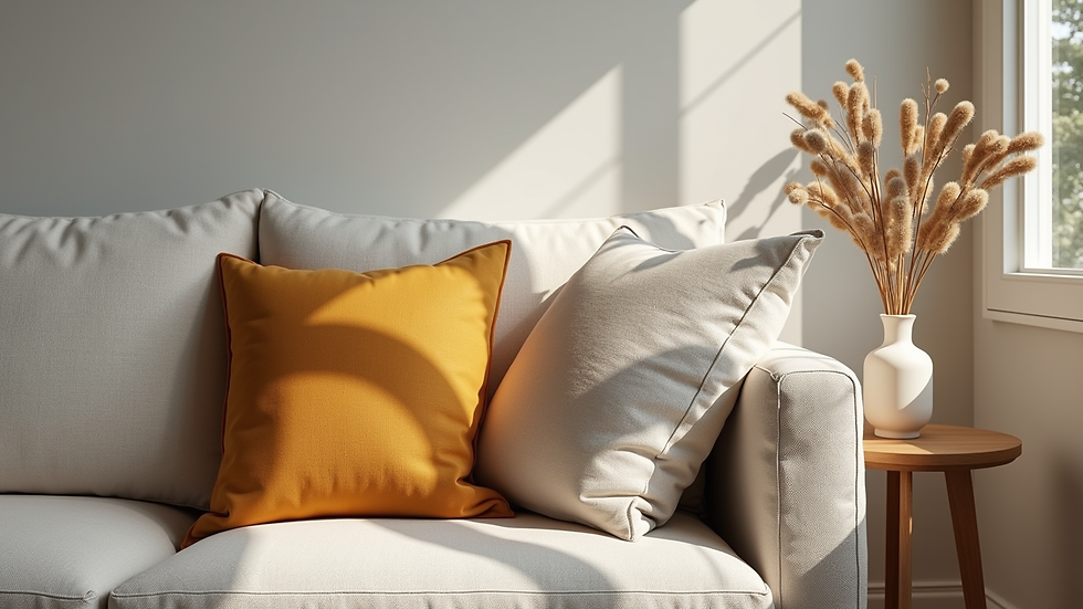 Close-up view of a stylish living room corner with cushions and decorative objects
