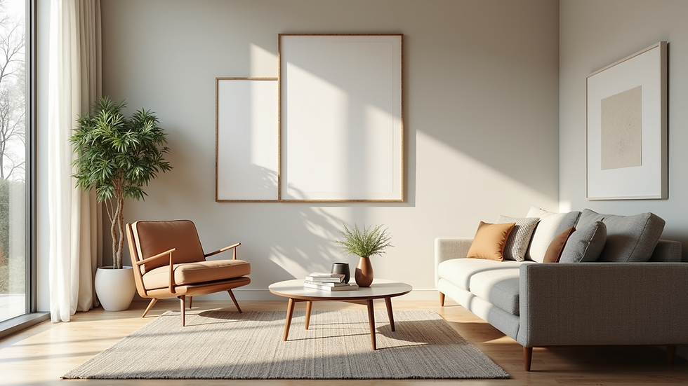 Eye-level view of a modern living room with natural light and neutral colors