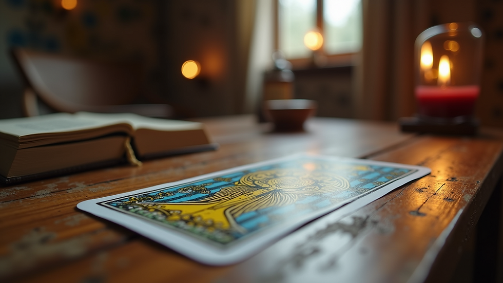 Eye-level view of a tarot card spread on a wooden table