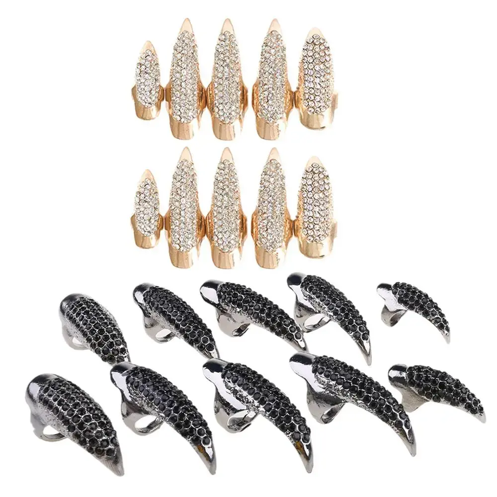 10 Pcs/Set 3 Sizes Crystal Goth Full Finger Rings Paved Paw Bend Fingertip Claws