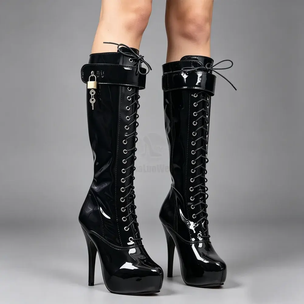 Black Patent Leather Over the Knee Boots with Thick Platform