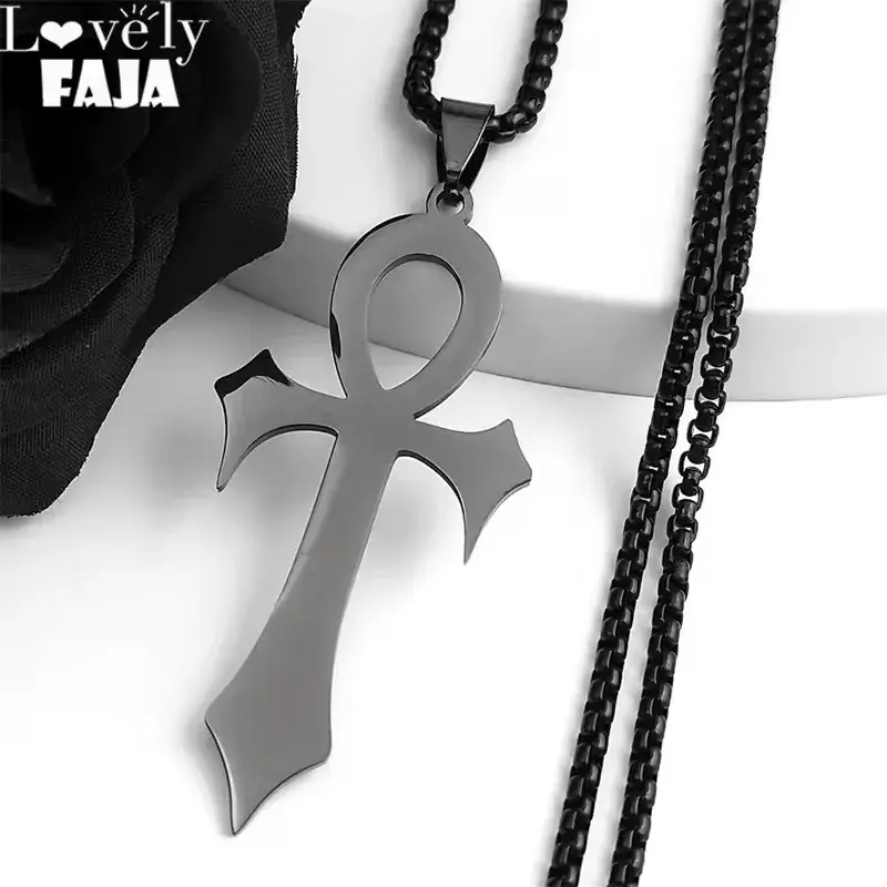 Egyptian Ankh Cross Key of Life Necklace Stainless Steel Black Color Amulet