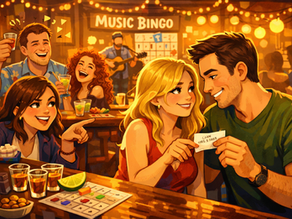 Illustration of a lively bar during music bingo: a man raises a shot glass while a woman with curly red hair laughs beside him, as two people across the bar exchange numbers amid the playful chaos.