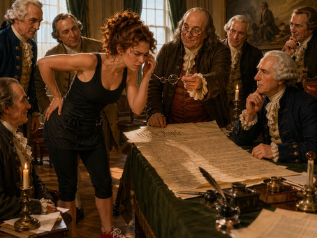A modern waitress with curly auburn hair, wearing black capris, a tank top, and red sneakers, squints at the U.S. Constitution in a candlelit colonial room as Benjamin Franklin offers her his eyeglasses, surrounded by founding fathers.