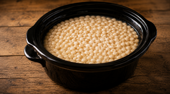 Glossy black crockpot with beans
