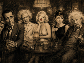 Sepia group portrait of Bogart, Twain, Marilyn, Audrey, and Einstein seated together with drinks in a moody lounge.