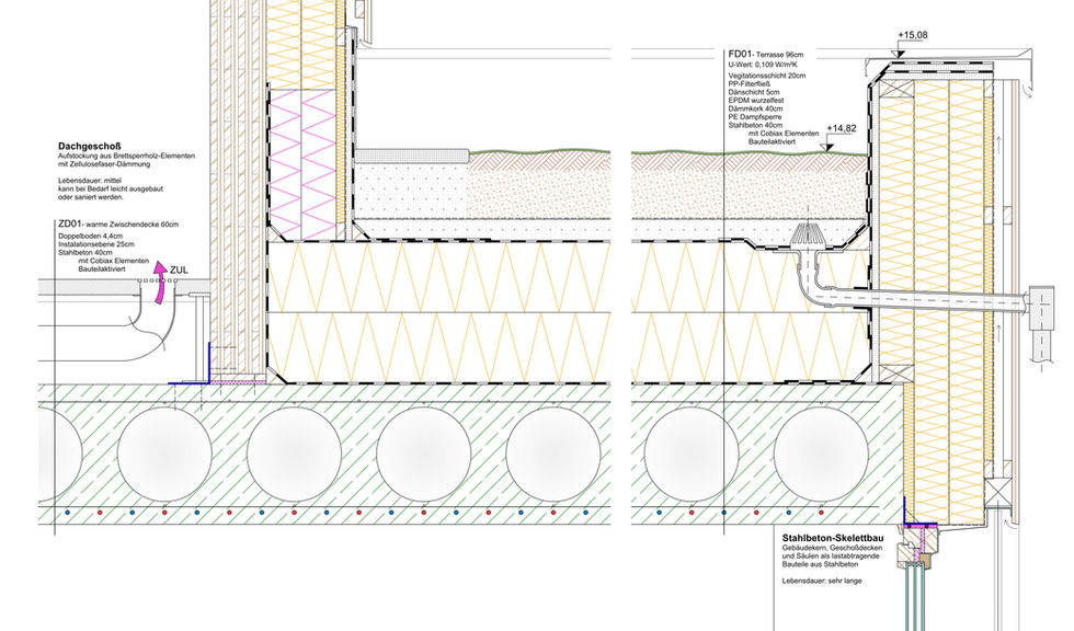 Detailschnitt mit Fassade, Zwischendecken, Dach und Terrasse als Teil einer Konzeptstudie für nachhaltiges und ökologisches Bauen