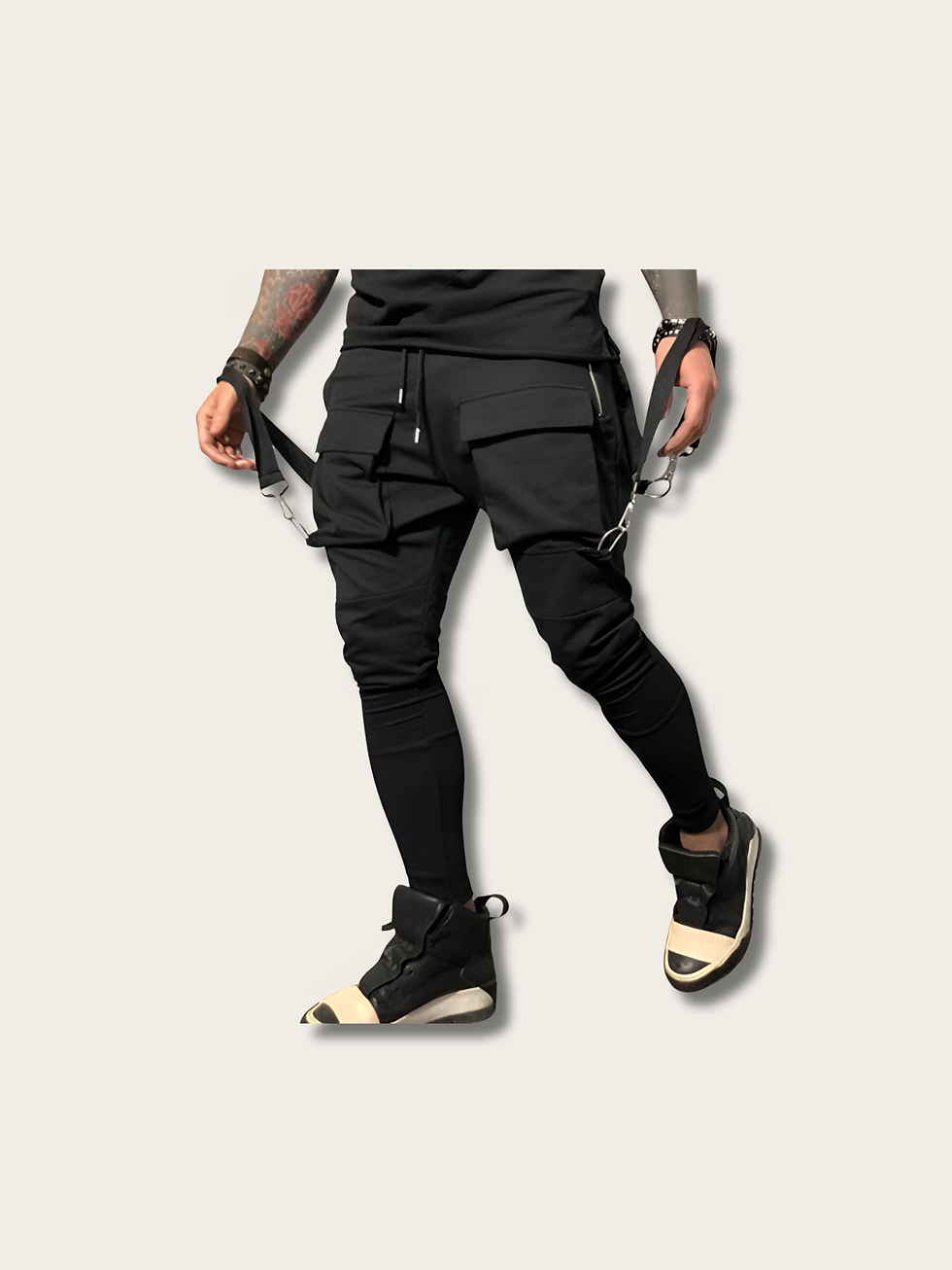 Model Wearing Black Tactical Surge Cargo Japanese Pants Front View