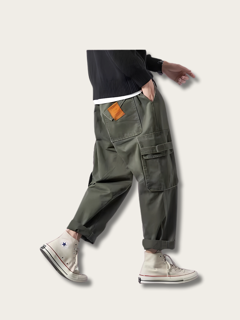 Model Wearing Green Urban Terrain Japanese Cargo Pants Side View