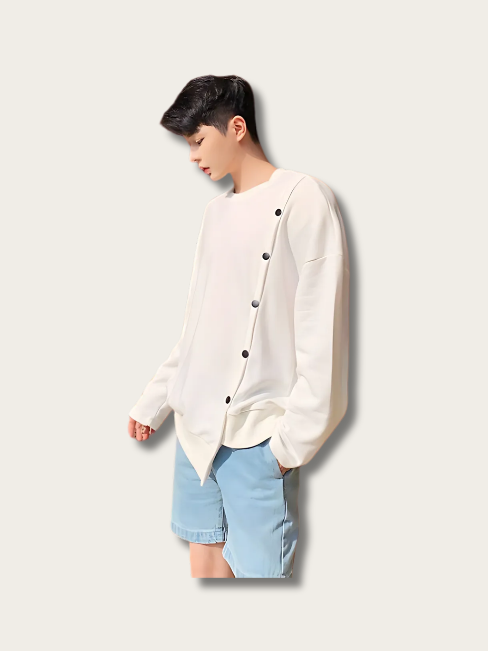 Model Wearing White Minimalist Shift Buttoned Sweatshirt Front View