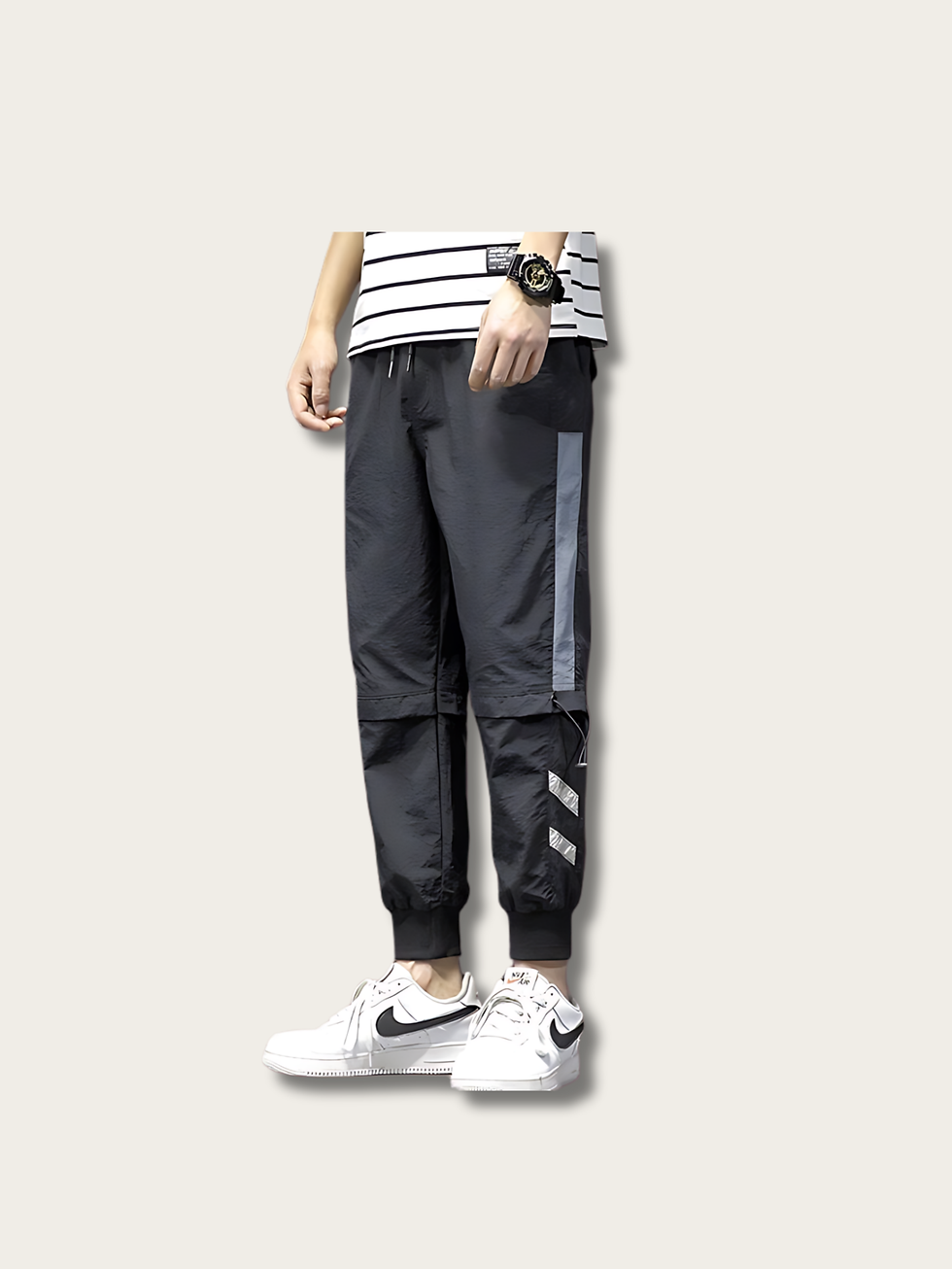 Model Wearing Black Reflective Surge Japanese Modern Pants Front View