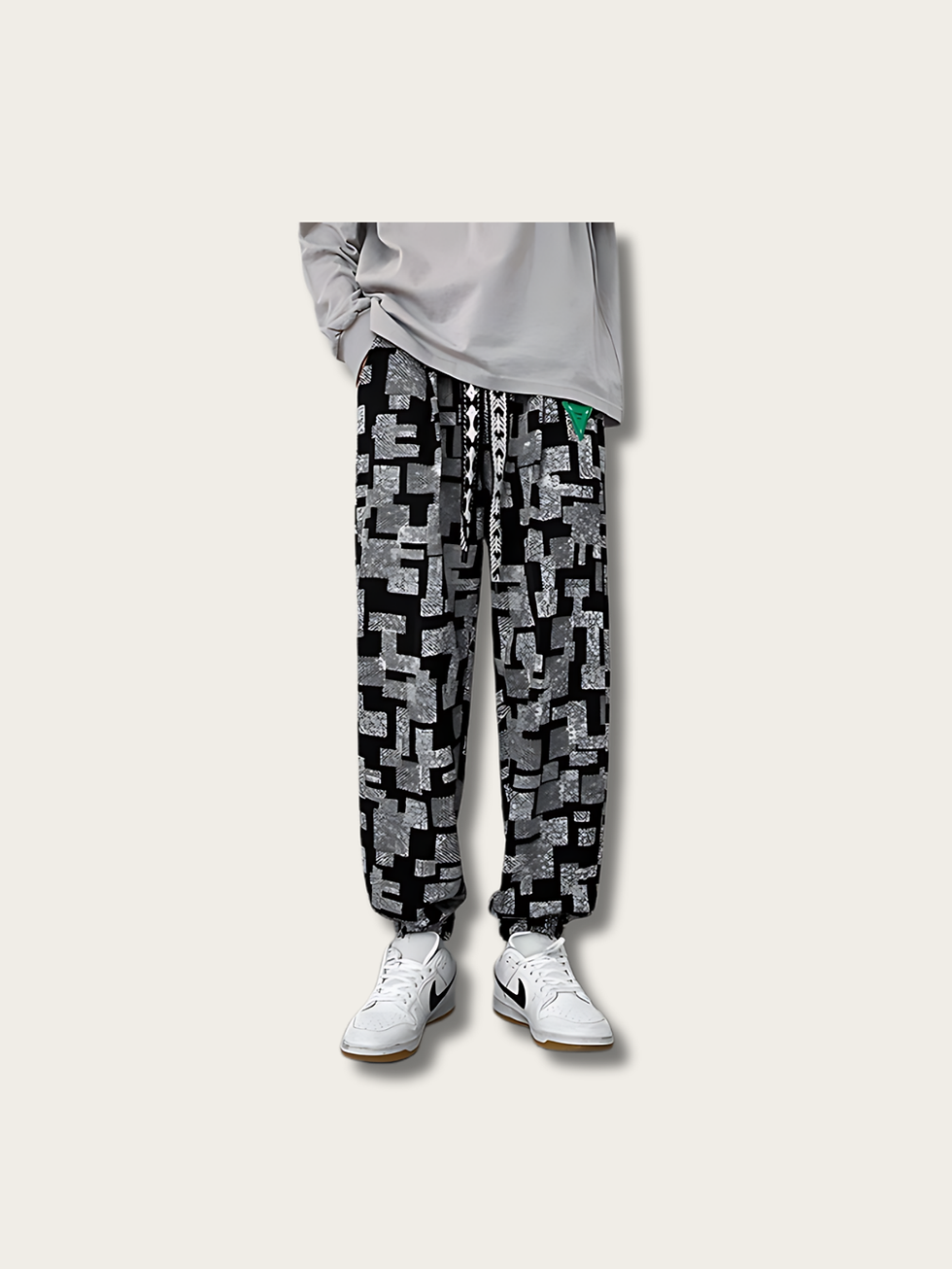 Model Wearing Geometric Grid Street Japanese Pants Front View
