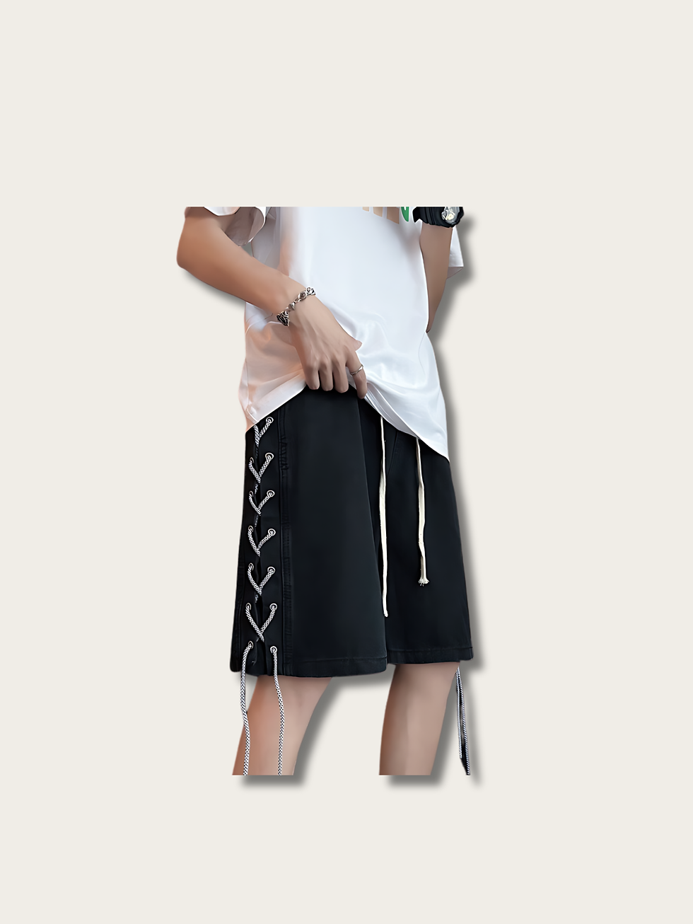 Model Wearing Black Edge Laceflow Street Japanese Shorts Front View