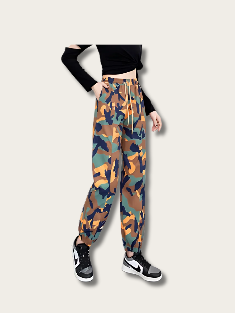 Model Wearing Orange Camo Drift Urban Jogger Pants Front View