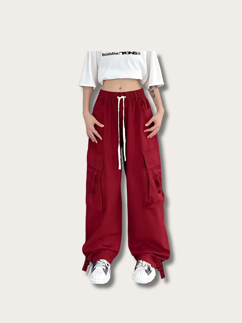 Model Wearing Red Streetflow Utility Japanese Pants Front View