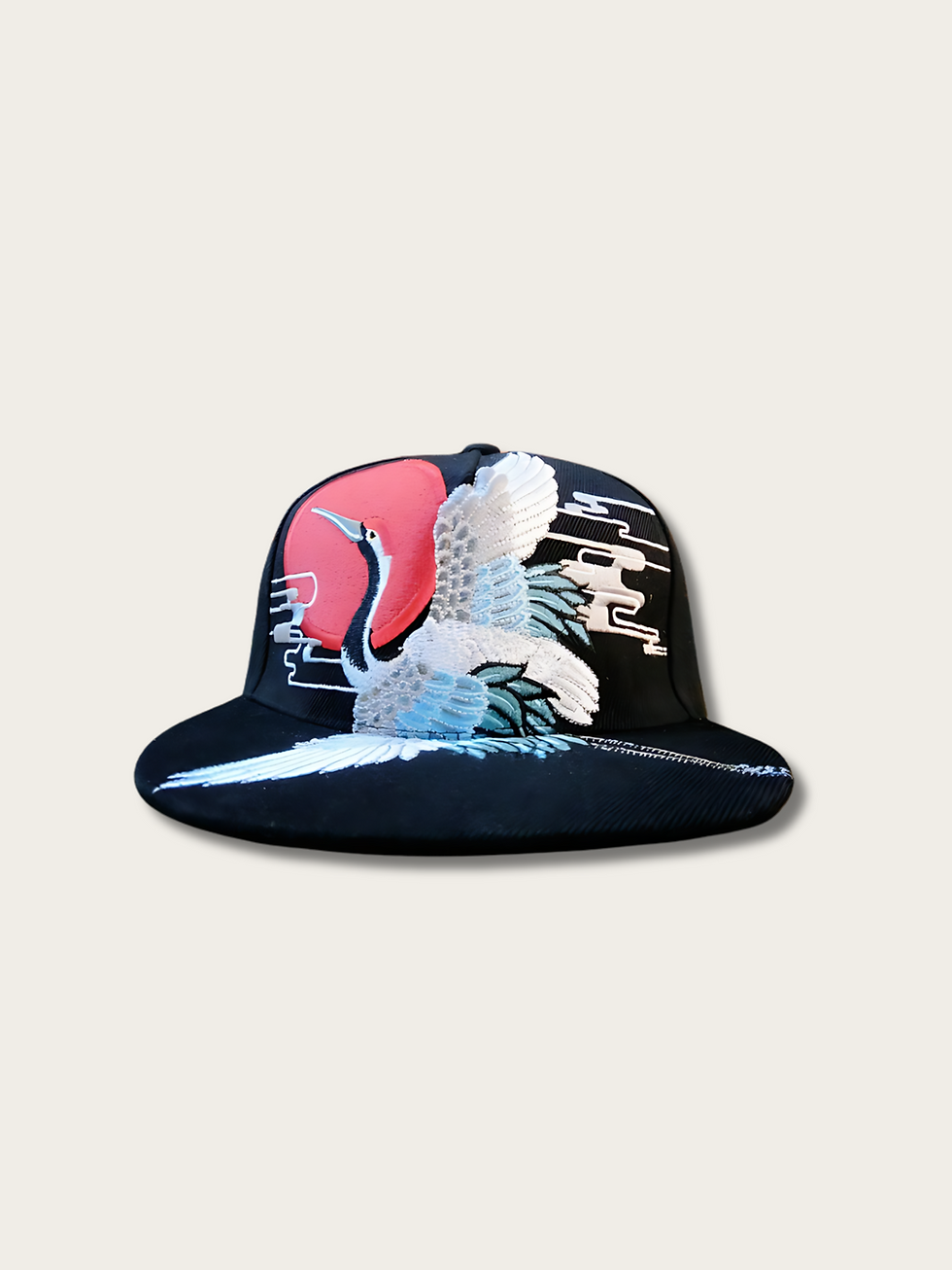 Black Printed Crane Design Japanese Cap Front View