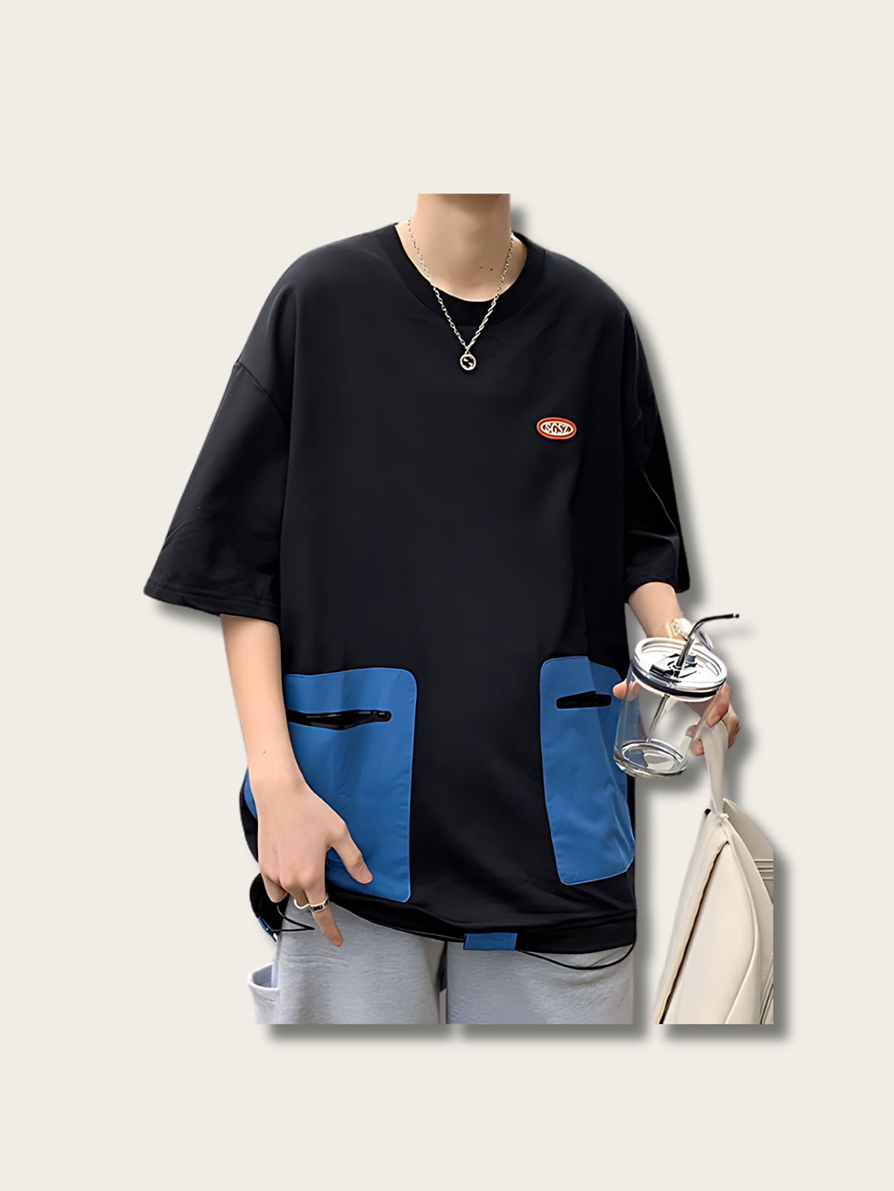 Model Wearing Black Urban Zip Pocket Japanese T Shirt Front View